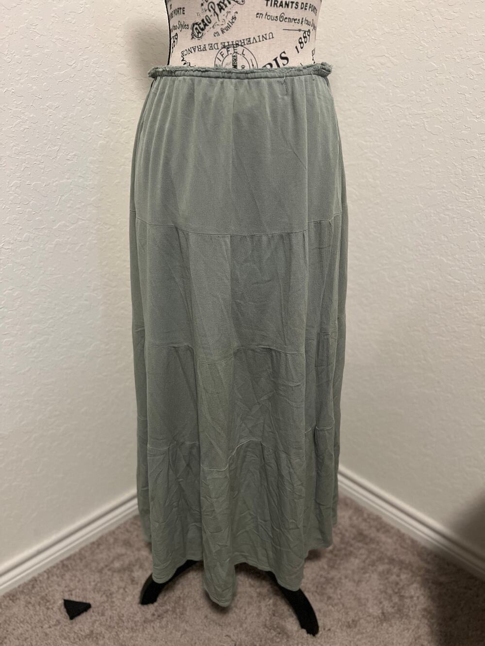 Sage Green Tiered Maxi Skirt Size Large Boho Gypsy Gauze Cottagecore Prairie